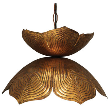 Flowering Lotus Iron Pendant, Antique Gold, Large