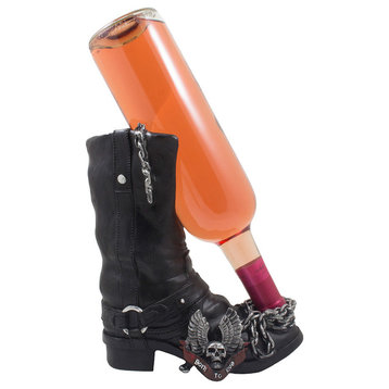 Black Motorcycle Biker Boot Wine Bottle Holder With "Born to Ride" Logo
