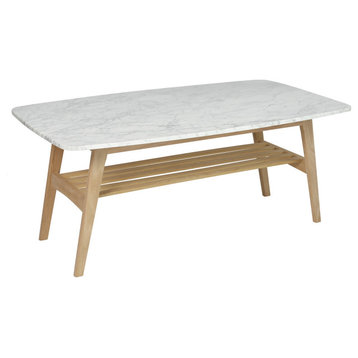 Laura 43" Rectangular Italian Carrara White Marble Coffee Table with Oak Shelf,