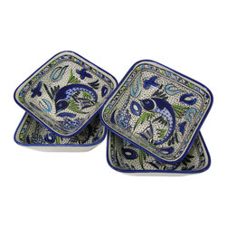 Le Souk Ceramique - Square Stoneware Pasta/Salad Bowls, Set of 4, Aqua Fish Design - Serving And Salad Bowls