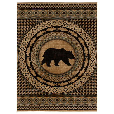 Asheville Lodge Bear Area Rug, Beige, 7'10" Round