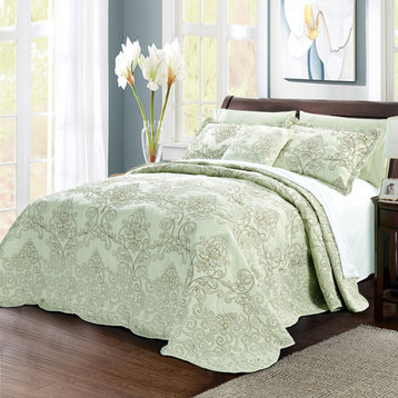 Damask Embroidered Quilted 4 Piece Bed Spread Sets, Light Green, King