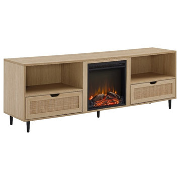 70" Modern Wood Fireplace Console with Rattan Door - Oak