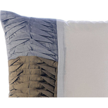 Ivory Textured Pintucks 16"x16" Silk Pillowcase, Gray & Earthy Green Waves