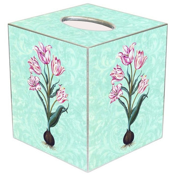 TB378 - Tulips on Aqua Damask Tissue Box Cover