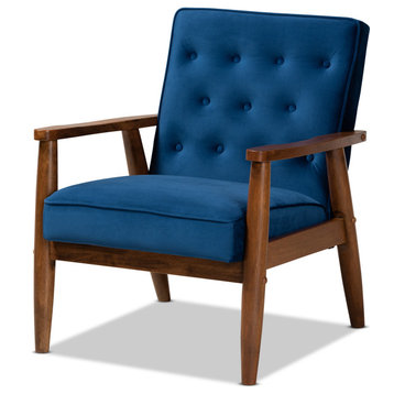 Sorrento Velvet Wooden Lounge Chair - Navy Blue, Brown