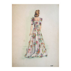 Lovely vintage floral dress watercolor drawing. By Lehr - Paintings