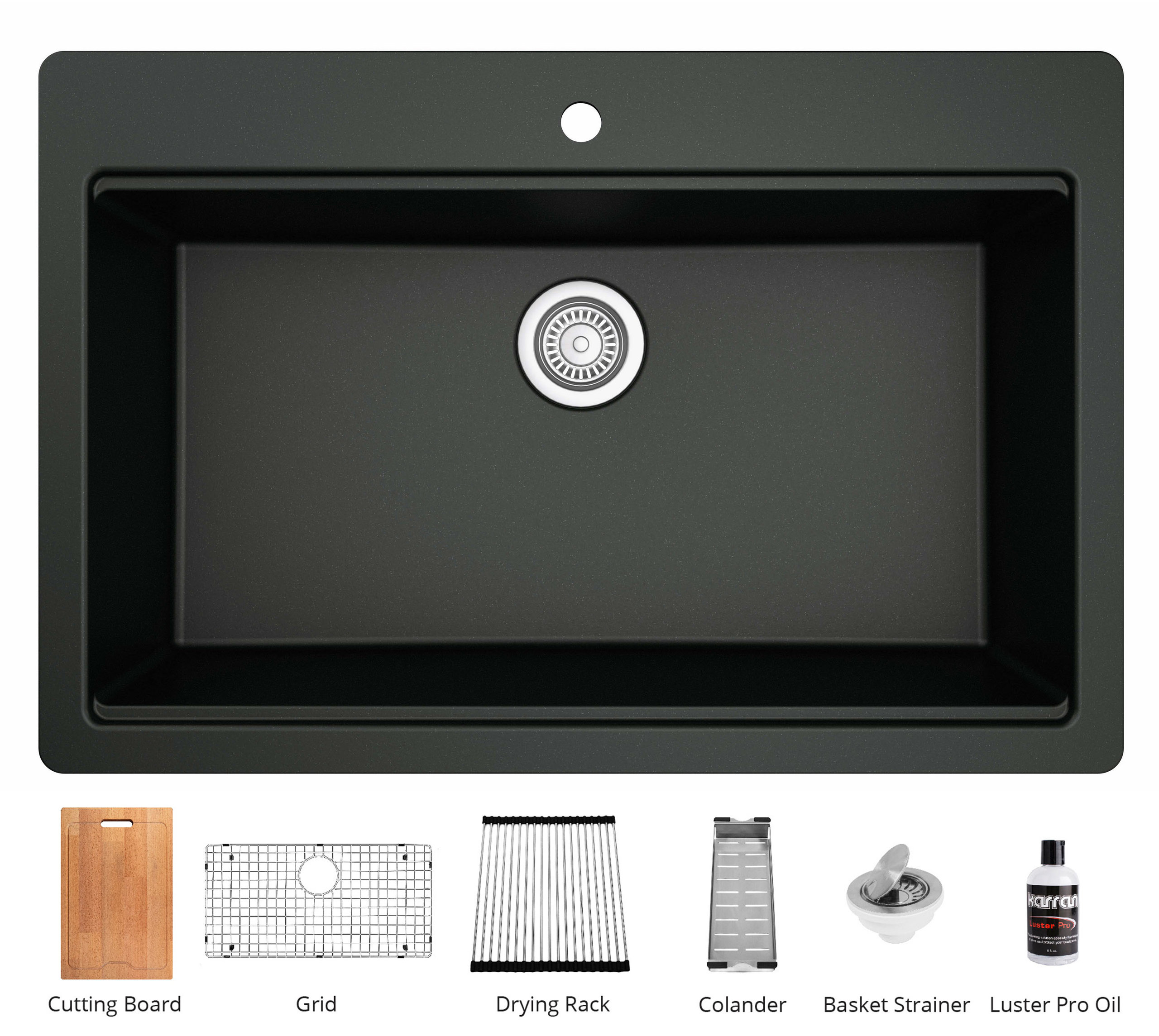 Karran Top Mount 33" Single Bowl Quartz Workstation Kitchen Sink, Black