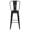 Commercial Grade 30" High Black Metal Indoor-Outdoor Barstool with Back