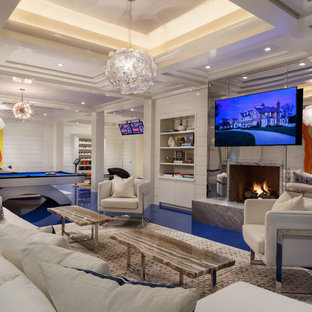 Inspiration for a contemporary basement in New York with white walls, a standard fireplace, blue floors and a metal fireplace surround.