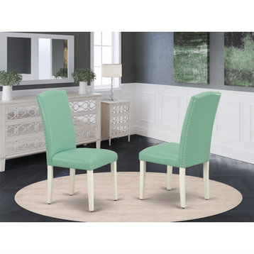 Set of 2 Encinal Parson Chair-Linen White Leg, Pu Leather Pond