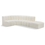 Meridian Furniture - Arc Vegan Leather Upholstered 5-Pc. L-Shaped Modular Sectional, Cream - Unleash modern opulence with the Arc Vegan Leather 5pc. Sectional. Crafted for the modern connoisseur, this Sectional injects an air of refined luxury into any space. Its sleek silhouette, upholstered in supple cream vegan leather, exudes timeless sophistication while the deep channel tufting adds textural intrigue, further elevating the chair's visual appeal. The modular design makes it a versatile chameleon, effortlessly adapting to your evolving needs and preferences. Whether you envision it gracing a chic living room corner, basking in the glow of a bedroom window, or adding a touch of drama to a home office, the Arc seamlessly complements your unique interior aesthetic.
