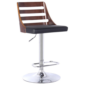 Soles Barstool, Chrome Finish With Walnut Wood and Black Faux Leather