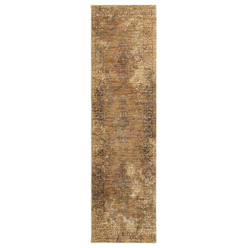 Adeline Antiqued Traditional Gold and Brown Area Rug, 2'3"x8'