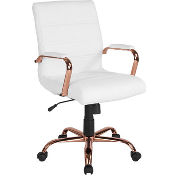 Mid-Back White Leather Executive Swivel Office Chair,Rose Gold Frame and Arms