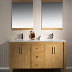 59 inch Traditional Brown-Tan Finish Double Bathroom Vanity Quartz Top - Bathroom Vanities And Sink Consoles