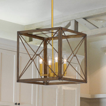 Vintage 4-Light Cage Chandelier, Walnut Gold
