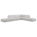 Meridian Furniture - Ease Fabric Upholstered L-Shaped Modular Sectional, Cream, 4 Piece: 1 Corner, 3 Armless, 2 Ottoman - Ease into comfort when you bring home this Ease fabric modular sofa. Designed with an uber casual vibe in mind, this plump sofa sits low to the floor, making it a simplistically perfect addition to a living room, den, game room, teen's room, or dorm room. This fun sofa is part of a modular collection, so you can add it with other items in the Ease collection for a custom arrangement.
