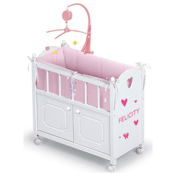 Cabinet Doll Crib with Gingham Bedding and Free Personalization Kit – White/Pink