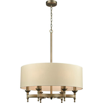 Pembroke 6-Light Chandelier, Brushed Antique Brass With A-Light Tan Fabric Shade