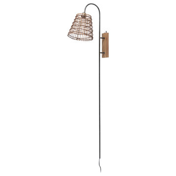 Kiley Brown Woven Shade With Black Metal And Wood Wall Sconce, 28" x 7"