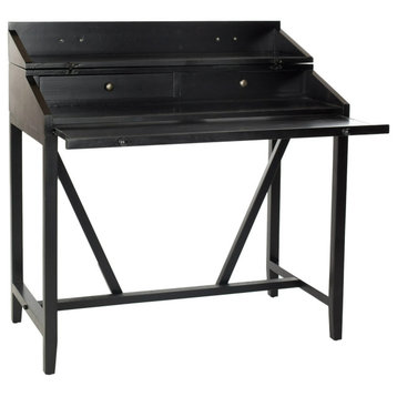 Industrial Rustic Convertible Desk, Pine Frame With Pull Out Tray, Black