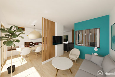 Cette image montre un salon minimaliste ouvert avec un sol marron.