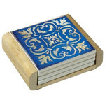 Counter Art - CounterArt Spanish Tiles-Blue Absorbent Coasters in Wooden Holder, Set of 4 - -Set of 4 absorbent coasters in wooden display holder