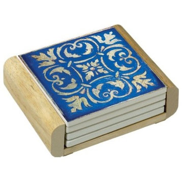 CounterArt Spanish Tiles-Blue Absorbent Coasters in Wooden Holder, Set of 4