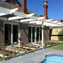 Exterior designs including patios and decks and pools