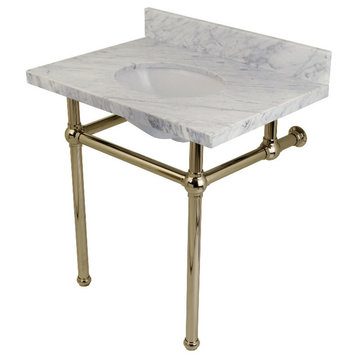 30X22 Marble Vanity Top w/Brass Console Legs, Carrara Marble/Polished Nickel