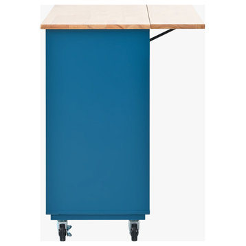 Rubberwood Kitchen Cart, Drop Leaf, LED Light and Power Outlet, Navy Blue