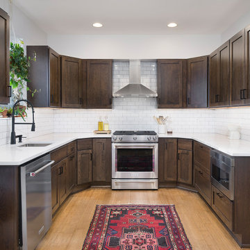 Urban Contemporary Dark Wood Kitchen | White Quartz, Subway Tile & Open Shelving