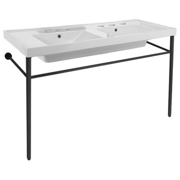 Double Ceramic Console Sink and Matte Black Stand, Six Hole