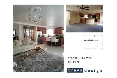Elegant ceramic tile and white floor living room photo in Las Vegas with white walls