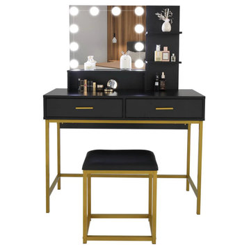 Contemporary Vanity Set, Mirror With LED Lights & Open Shelves, Black & Gold