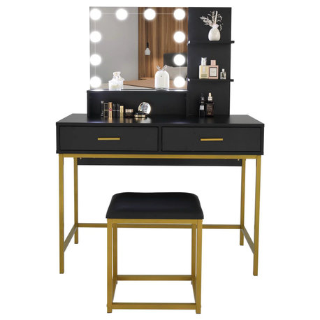 Contemporary Vanity Set, Mirror With LED Lights & Open Shelves, Black & Gold