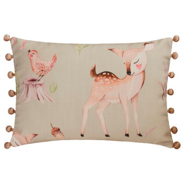 Beige Cotton 12"x20" Lumbar Pillow Cover Nursery, Kids, Pom Pom - Bambi Dreams