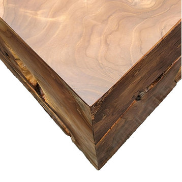 Wood Slice End Table Bunching Cube 14 in Solid Teak Live Edge Square Block, Large