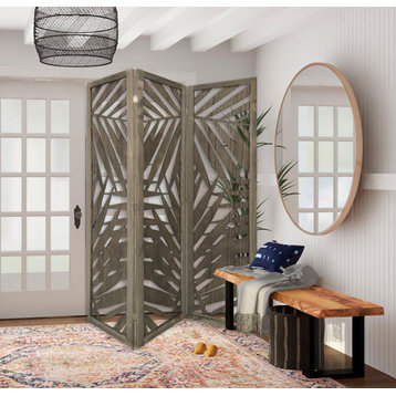 HomeRoots 3 Panel Grey Room Divider With Tropical leaf