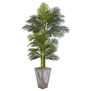 Nearly Natural 7� Golden Cane Artificial Palm Tree in Cement Planter