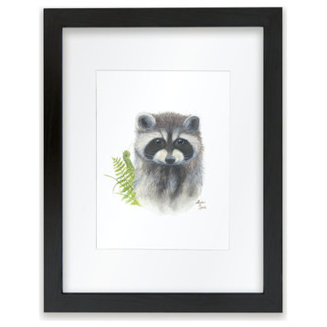 "Woodland Littles 2" Raccoon Framed Print, With Mat, Black, 11"x14"