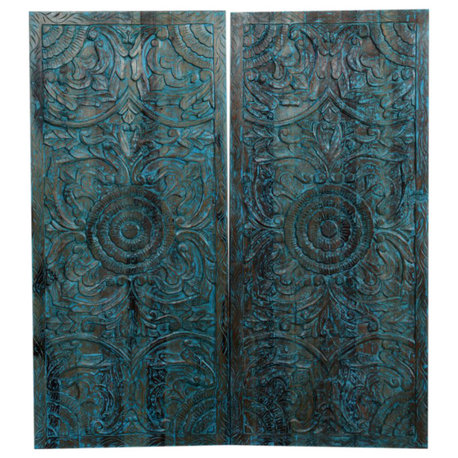 Consigned Blue Accents Lotus Carved Sliding Barn Door Vintage Double Doors 80