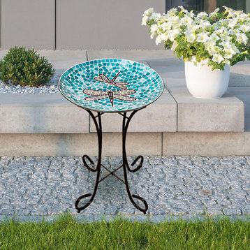 24" Tall Outdoor Mosaic Dragonfly Glass Birdbath Bowl with Metal Stand