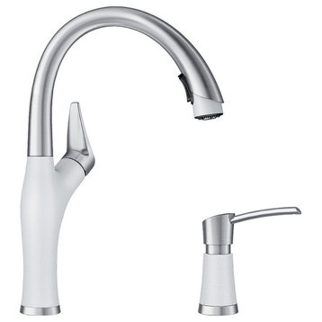 Blanco Artona Pull-Down Kitchen Faucet With Soap Dispenser, White/Stainless