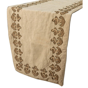 Beige Table Runner Linen 14 x 60 inch Beaded Embroidery Bordered, Anchor Hold