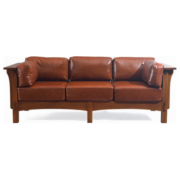 Mission Crofter Style Sofa Solid Quarter Sawn White Oak and Leather Cushions, Russet Leather