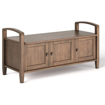Large Storage Bench, Cabinet Doors With Brushed Nickel Knobs, Natural Aged Brown