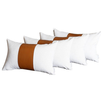 Set Of 4 White And Brown Faux Leather Lumbar Pillow Covers