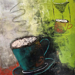 Mavis Art - Hot Coffee - This is an original painting on stretched canvas 24in x30in, signed and dated by the artist.